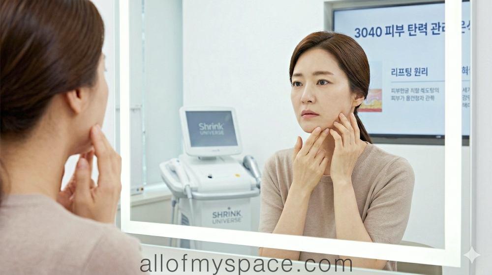피부 탄력 저하와 리프팅 시술을 고민하며 거울을 보는 3040 한국 여성