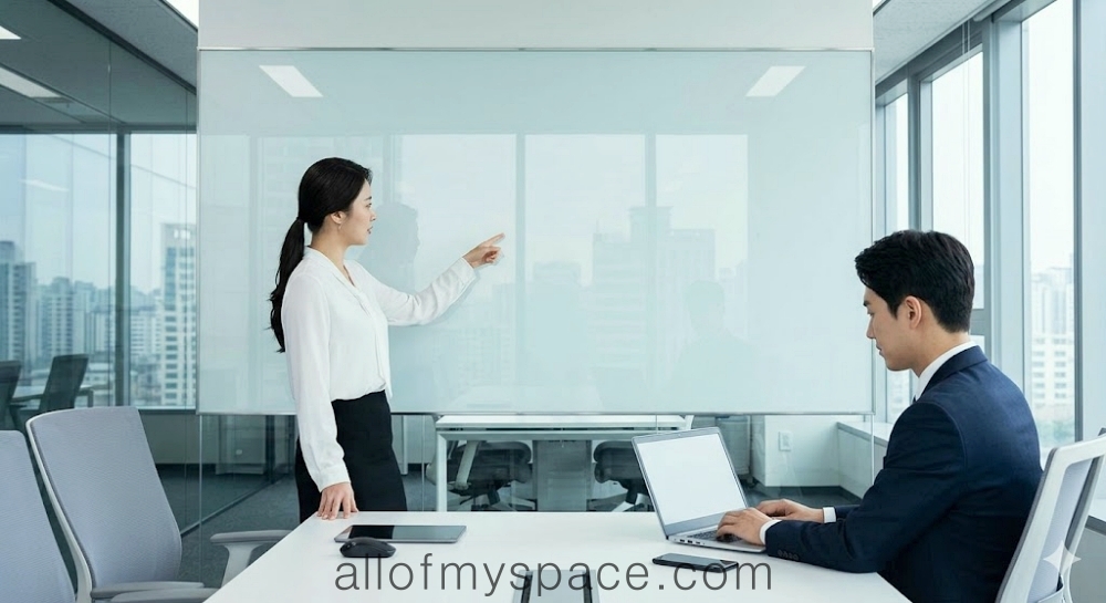 미래지향적인 사무실에서 3040 직장인이 화이트보드 앞에서 AI 기반 커리어 전략과 역량 분석에 대해 논의하고 있는 모습