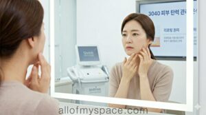 피부 탄력 저하와 리프팅 시술을 고민하며 거울을 보는 3040 한국 여성