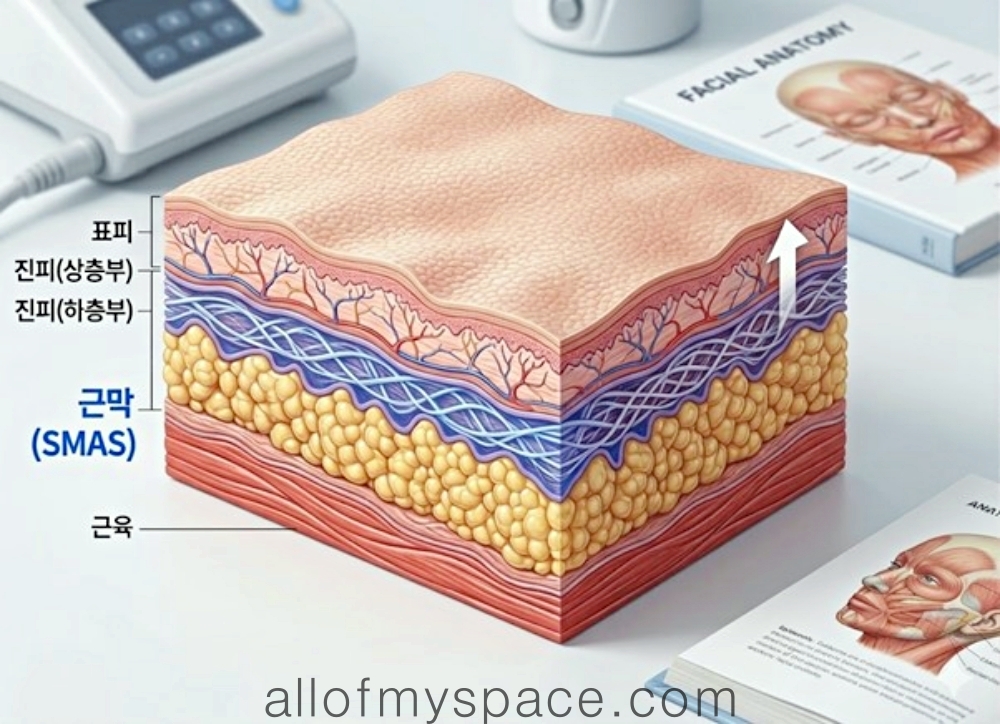 슈링크 유니버스가 타겟으로 하는 피부 근막층(SMAS) 위치와 피부 층별 구조도