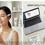 모던하고 깨끗한 배경의 욕실에서, 건강하고 윤기 있는 피부를 가진 30대 후반의 여성(또는 남성)이 편안한 표정으로 고급스러운 스킨케어 앰플을 얼굴에 바르는 모습. 부드럽고 자연스러운 아침 햇살 조명.