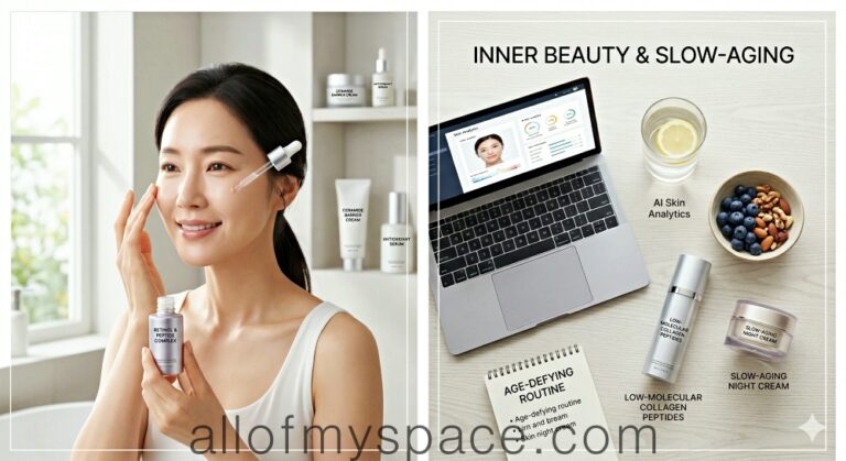 모던하고 깨끗한 배경의 욕실에서, 건강하고 윤기 있는 피부를 가진 30대 후반의 여성(또는 남성)이 편안한 표정으로 고급스러운 스킨케어 앰플을 얼굴에 바르는 모습. 부드럽고 자연스러운 아침 햇살 조명.