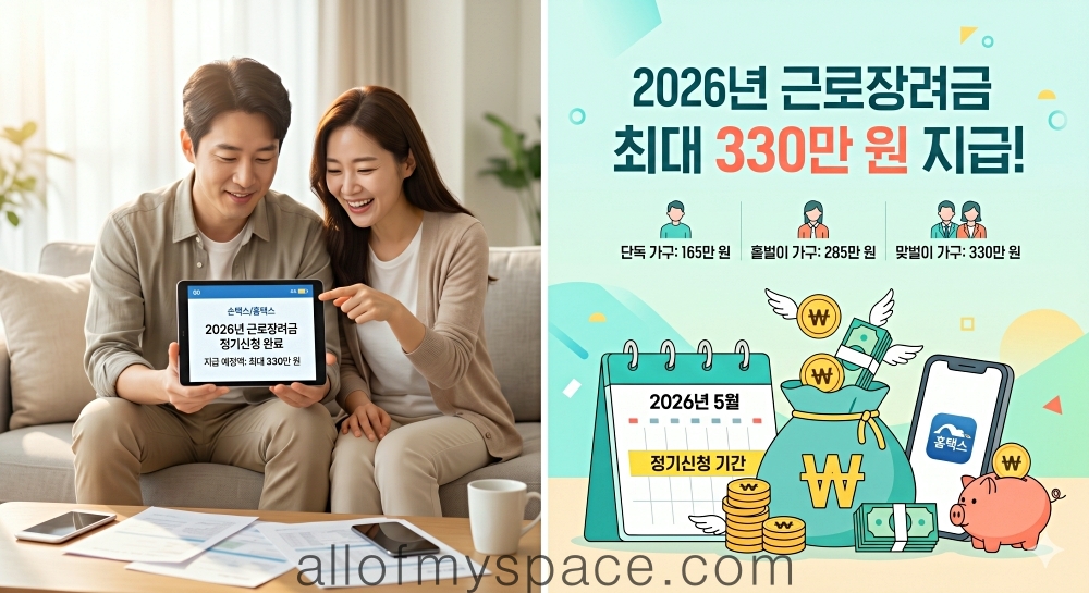 30~40대 부부가 태블릿 PC로 홈택스 화면이나 긍정적인 안내문을 확인하며 밝게 웃고 있는 고화질 사진입니다.