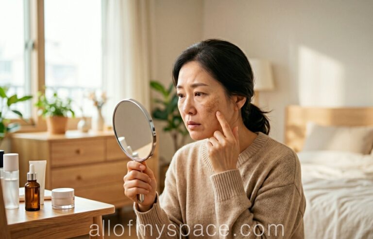 얼굴에 생긴 기미 때문에 스트레스를 받는 중년 여성