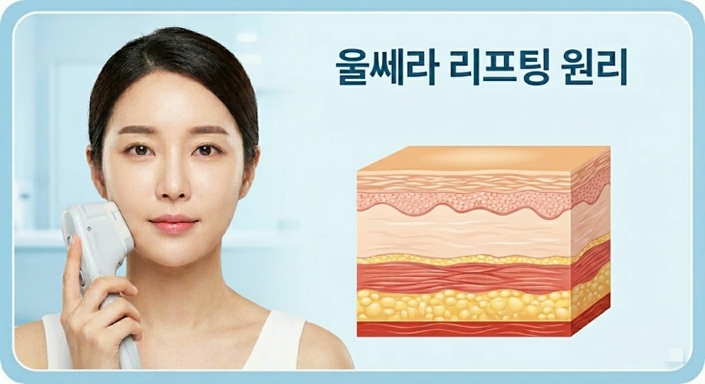 울쎄라 리프팅 초음파가 피부 진피와 SMAS층에 도달하는 원리를 설명하는 일러스트